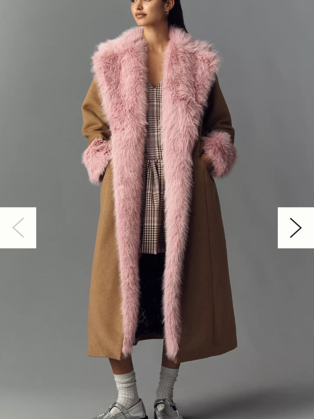 Maeve Long Trench Coat with Pink Faux-Fur Trim